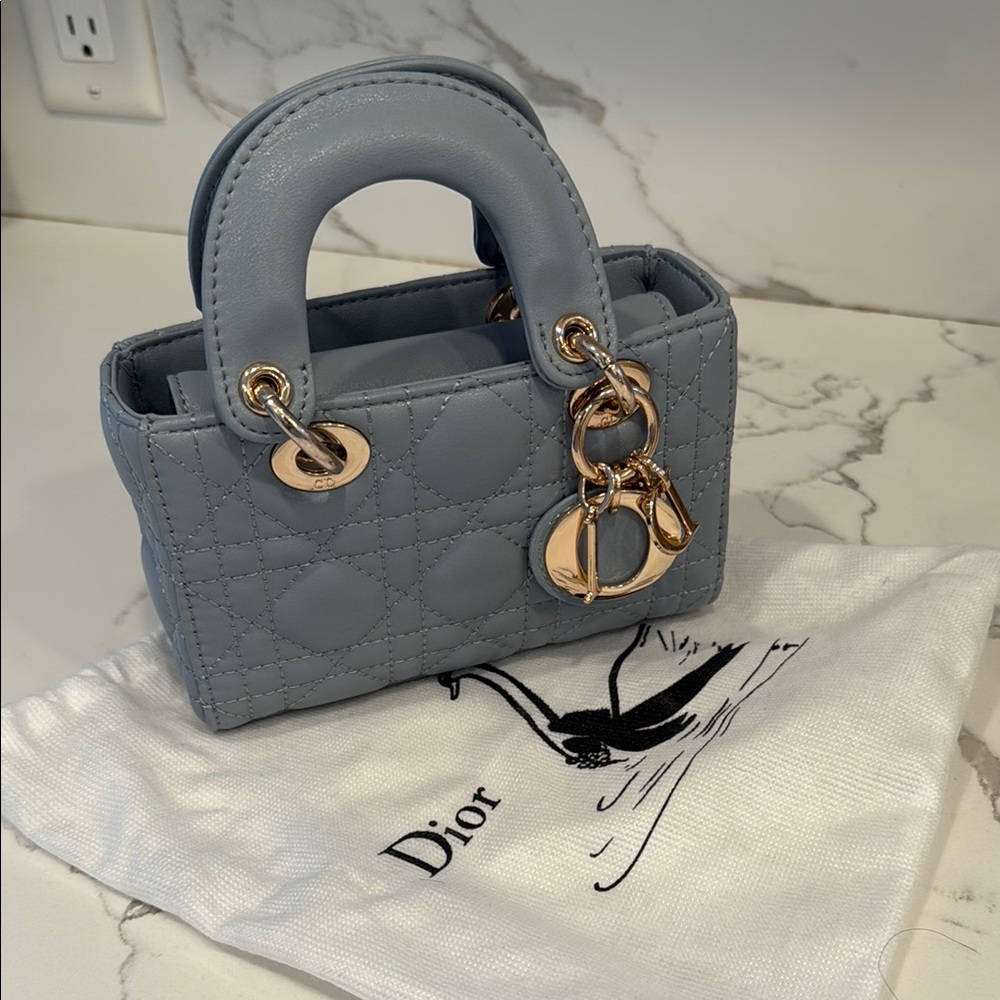 Dior Light Blue Quilted Mini Bag with Gold Accents